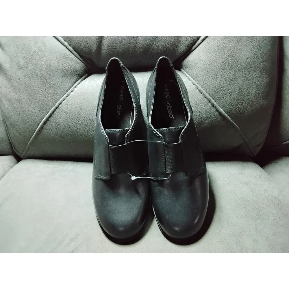 Abeo Janis Black Leather Block Heel Slip On Loafers Professional Shoes Womens